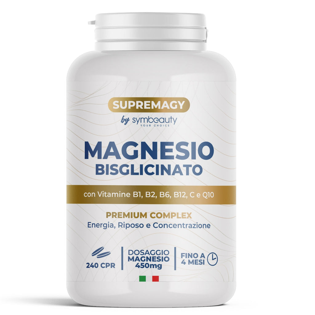 SUPREME MAGNESIO BISGLICINATO 450Mg (Hasta 4 Meses) 240 Pastillas - Complejo Premium | Vitamina B12, B1, B2, B6, C y Coenzima Q10 | Suplemento - Vegano y Hecho en Italia