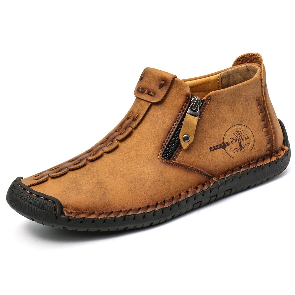 Botas de hombre con cremallera de costura, estilo vintage, suela de goma, zapatos de exterior tipo mocasín