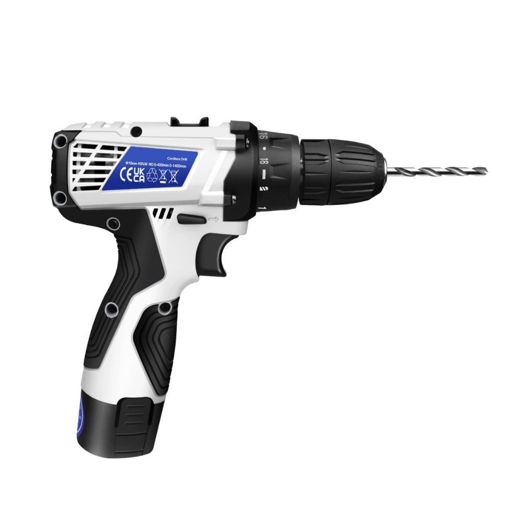 Atornillador Inalámbrico de Poder con 1x O 2x Baterías y 23 Puntas, 18+1 Ajuste de Torque, Taladro Combi de 2 Velocidades, Kit de Taladro con Garfio de 3/8" con Caja de Almacenamiento para Bricolaje en el Hogar, Luz LED para Cemento, Hormigón, Techo, Ladr