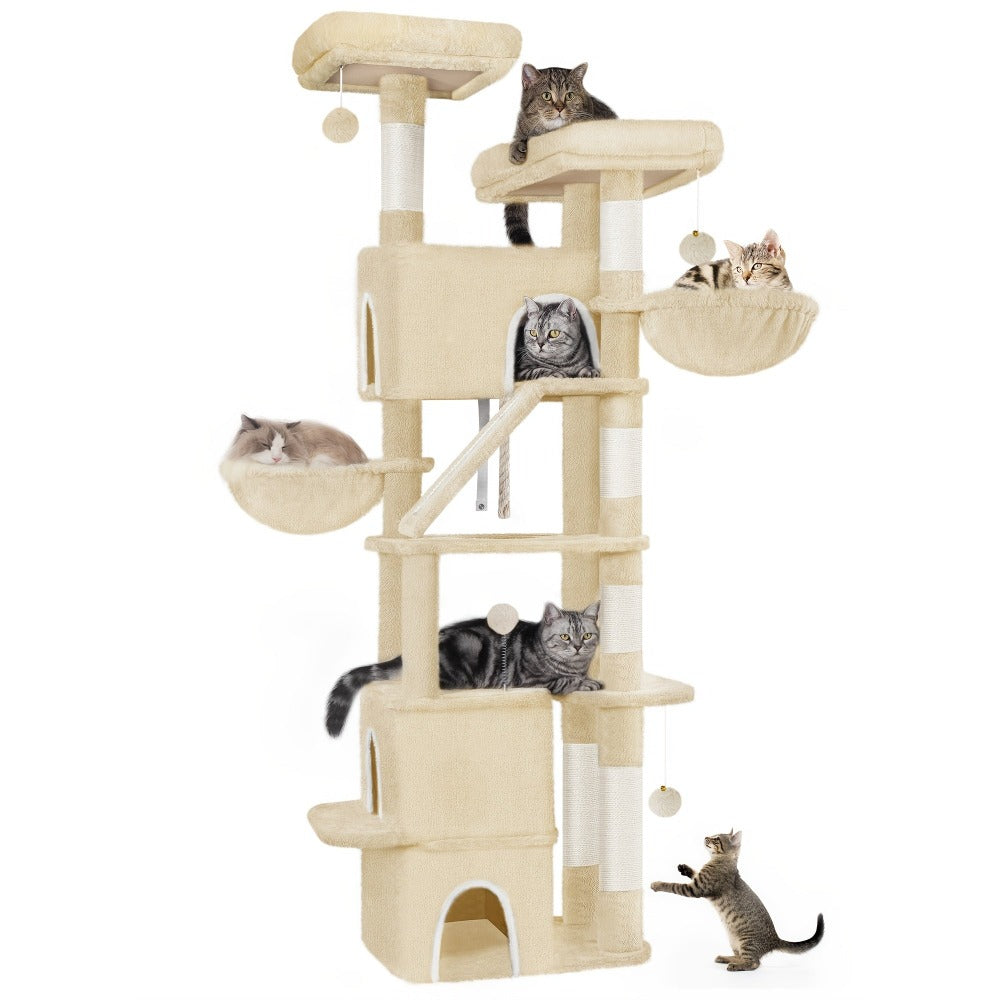 Rascador para Gatos Grande de 185 cm con 6 Postes para Rascar, 3 Cuevas, 2 Plataformas de Observación, 2 Cestas, 4 Pelotas de Peluche, Rascador Multinivel para Gatos