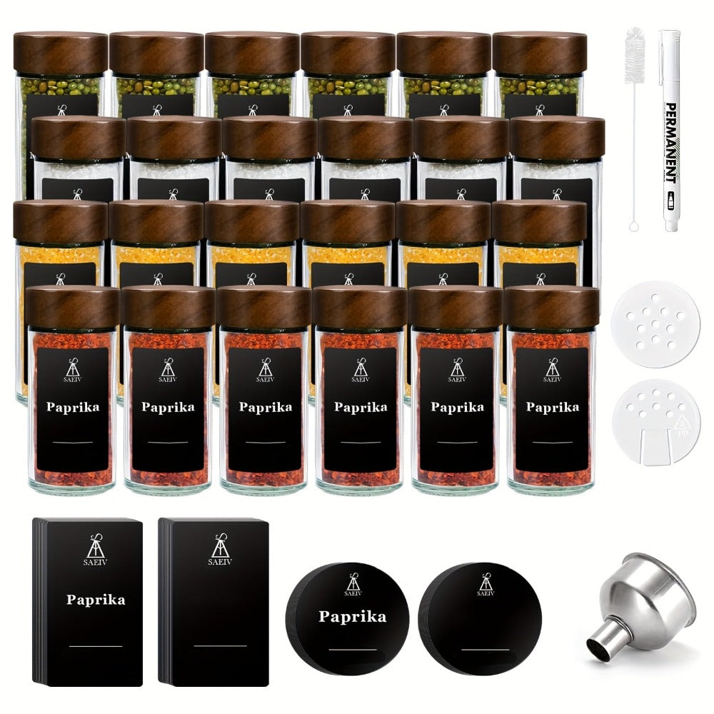 12/24 frascos para especias con tapas de madera de acacia, frascos de vidrio para especias con etiquetas, juego de vasos para especias de 120 ml, frascos redondos fáciles, organizador de especias para cocinas