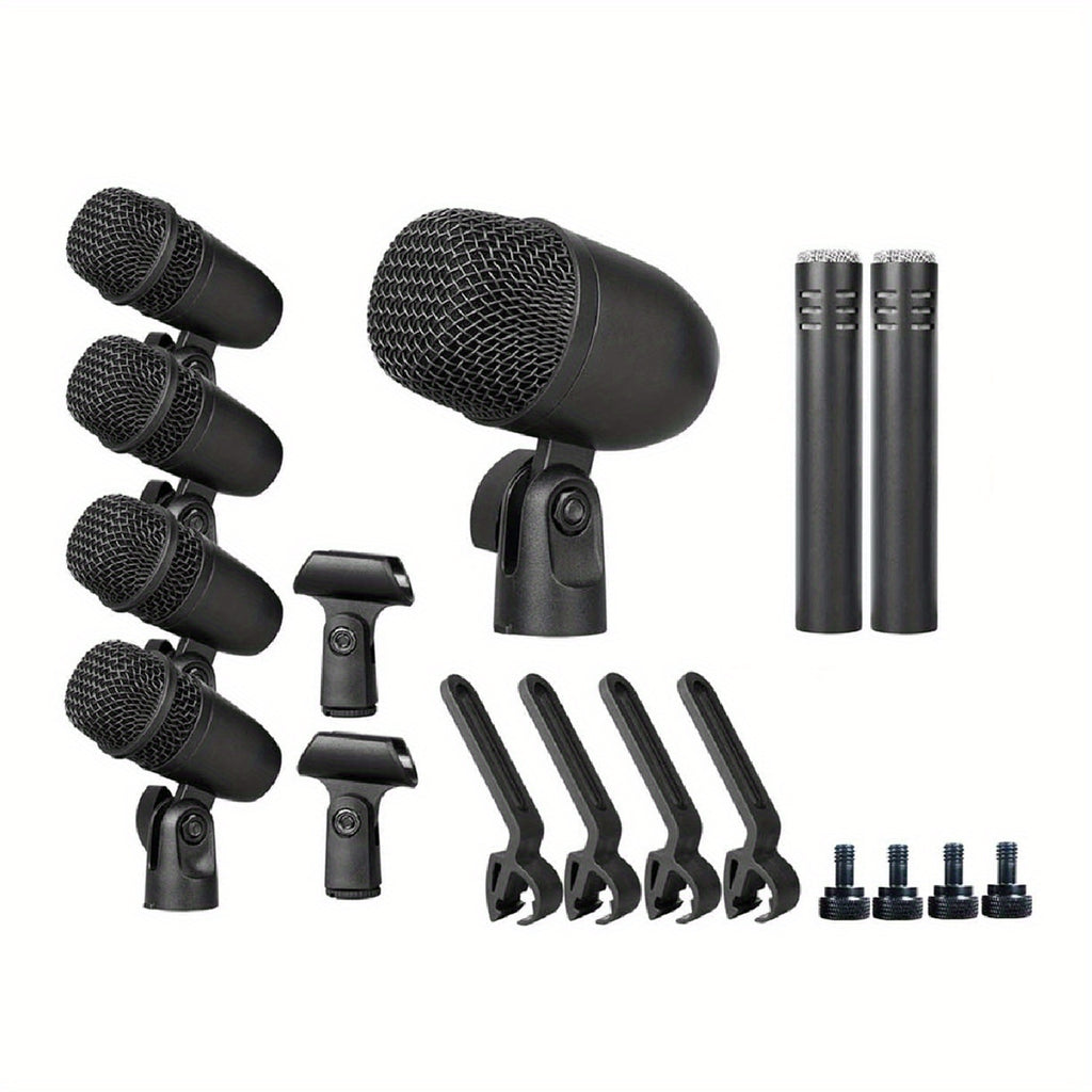 Juego de 7 micrófonos dinámicos de metal para batería - Adecuados para grabación profesional de batería con micrófonos para bombo, tom/snare y platillos, equipados con pinzas para micrófono