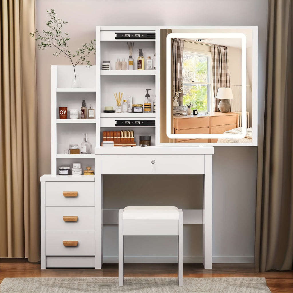 Tocador con espejo de iluminación LED y taburete, 3 modos de iluminación con brillo ajustable, mesa de maquillaje con 4 cajones y 3 estantes de almacenamiento, blanco moderno