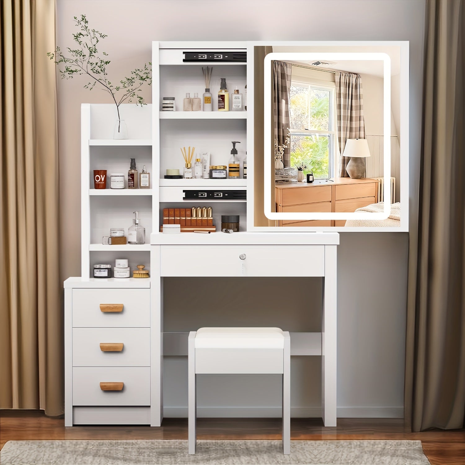 Tocador con espejo de iluminación LED y taburete, 3 modos de iluminación con brillo ajustable, mesa de maquillaje con 4 cajones y 3 estantes de almacenamiento, blanco moderno