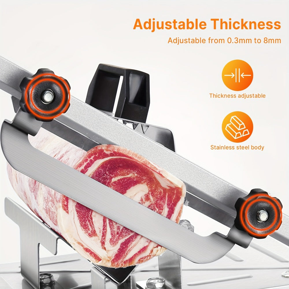 Cortadora de Carne Manual en Acero Inoxidable, Grosor Ajustable, Filo Nítido y Duradera, Fácil de Limpiar, Cortador Multiusos para Reses Bovinas, Ovejas, Verduras e Ingredientes del Hot Pot, Ideal Para Uso Doméstico o Comercial