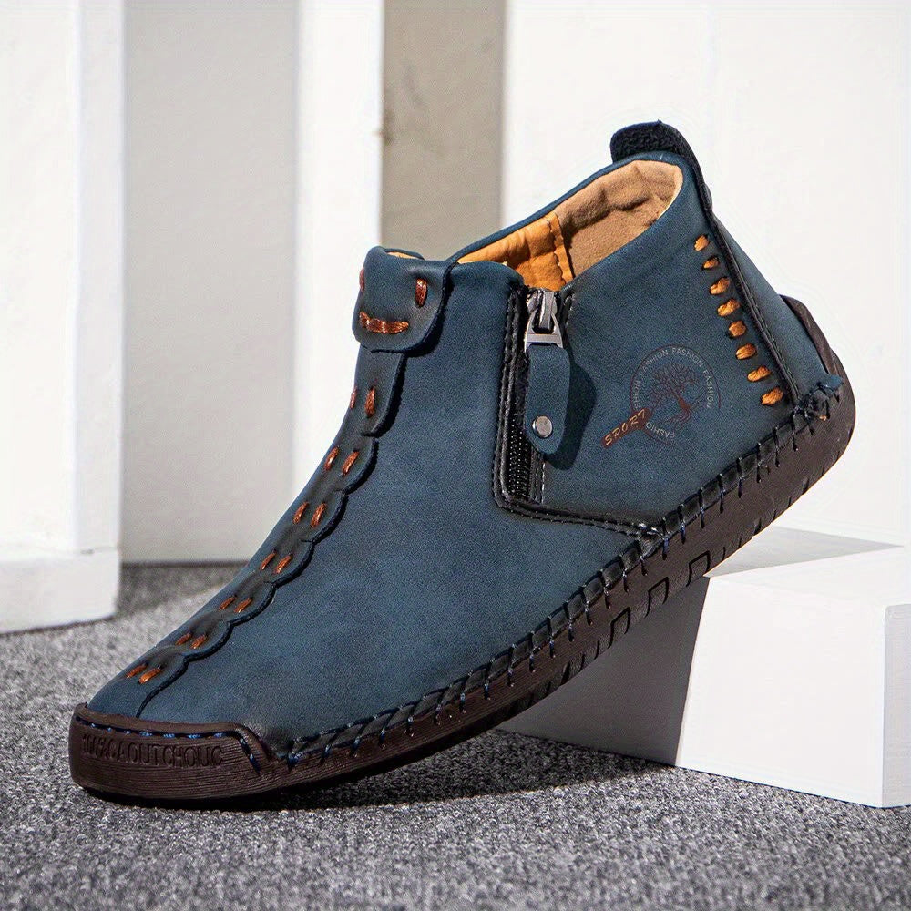 Botas de hombre con cremallera de costura, estilo vintage, suela de goma, zapatos de exterior tipo mocasín