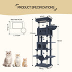 Árbol para gatos extra alto de 210 cm con 8 postes rascadores y 2 cuevas - Muebles para gatos de múltiples niveles de alta resistencia, tapete lavable, hamaca y pelotas de felpa - Torre para gatos grande con base resistente