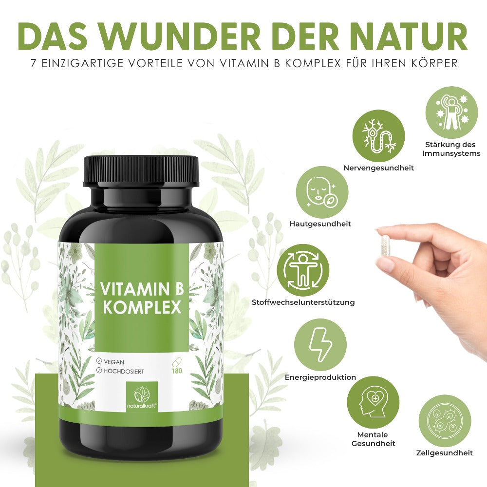 NATURALKRAFT® Complejo de Vitaminas B Premium - 500 Μg de Vitamina B12 y 400 Μg de Ácido Fólico - 8 Vitaminas del Grupo B (B1, B2, B3, B5, B6, B7, B9, B12) para Energía, Sistema Nervioso y Metabolismo - Vegano y Probado en Laboratorio - 180 Cápsulas