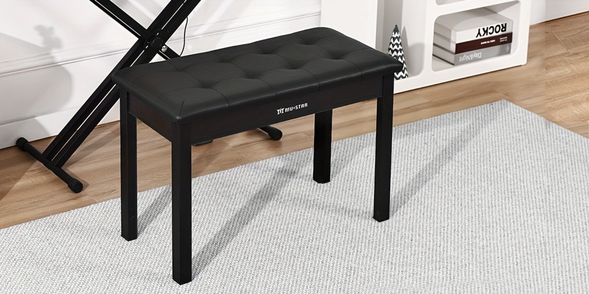 Banqueta para Piano MUSTAR de 74 cm con Almacenamiento - Taburete de Madera Maciza, Tapizado en Piel Sintética Suave y Compartimento Abatible para Teclados Digitales, Decoración del Hogar, Banqueta de Tocador -