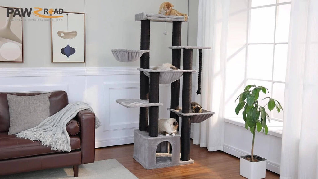 Árbol para Gatos Grande - Torre para Gatos de 170 cm de Altura para Gatos Adultos de Interior con 13 Postes de Rascado Negros Gruesos (10.9 cm), Condominio para Gatos de Múltiples Niveles, Plataforma Súper Grande y Hamacas para Maine Coon de 9 kg