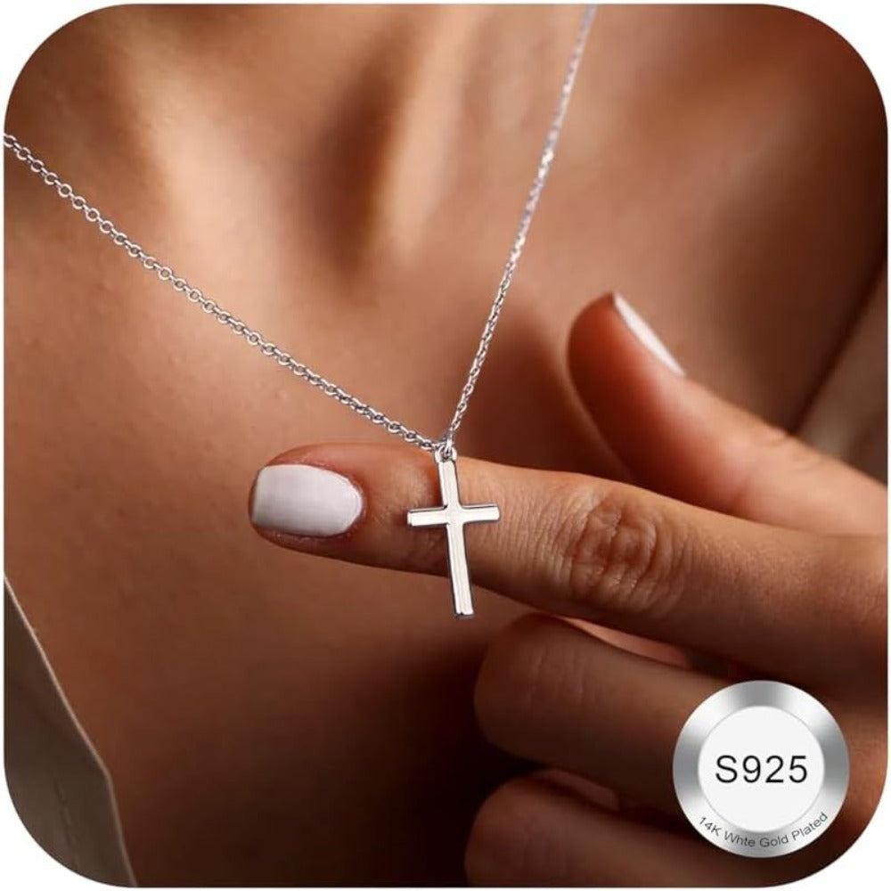Collar de Cruz para Mujer, Plata 925, Colgante de Cruz Bañado en Oro de 18K con Cadena de 40+5 cm, Dorado/Blanco, Don Espiritual,Regalo Para Ella,Colgante Elegante,Artesanía Fina,Accesorio de Moda,Compradores con Estilo