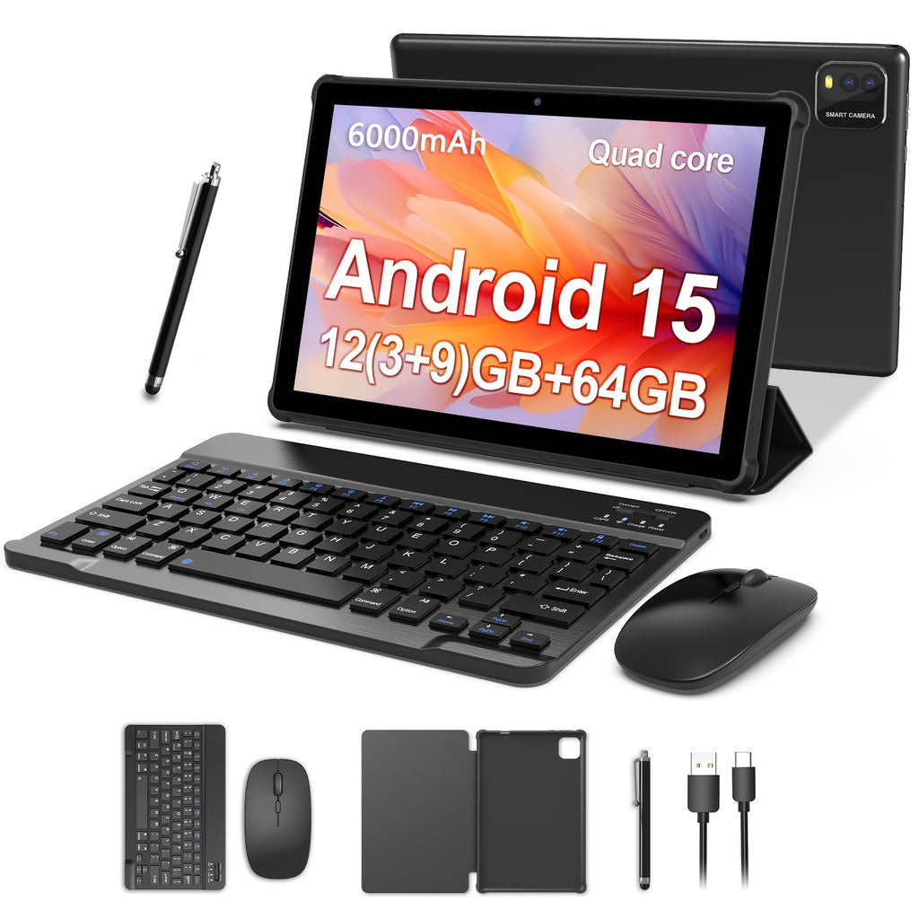 Tablet | Tablet Android 15 de 10 pulgadas, 12 (3+9) GB de RAM, 64 GB de ROM, Procesador Quad Core, Cámara de 2.0MP+8.0MP, 6000mAh, Múltiples