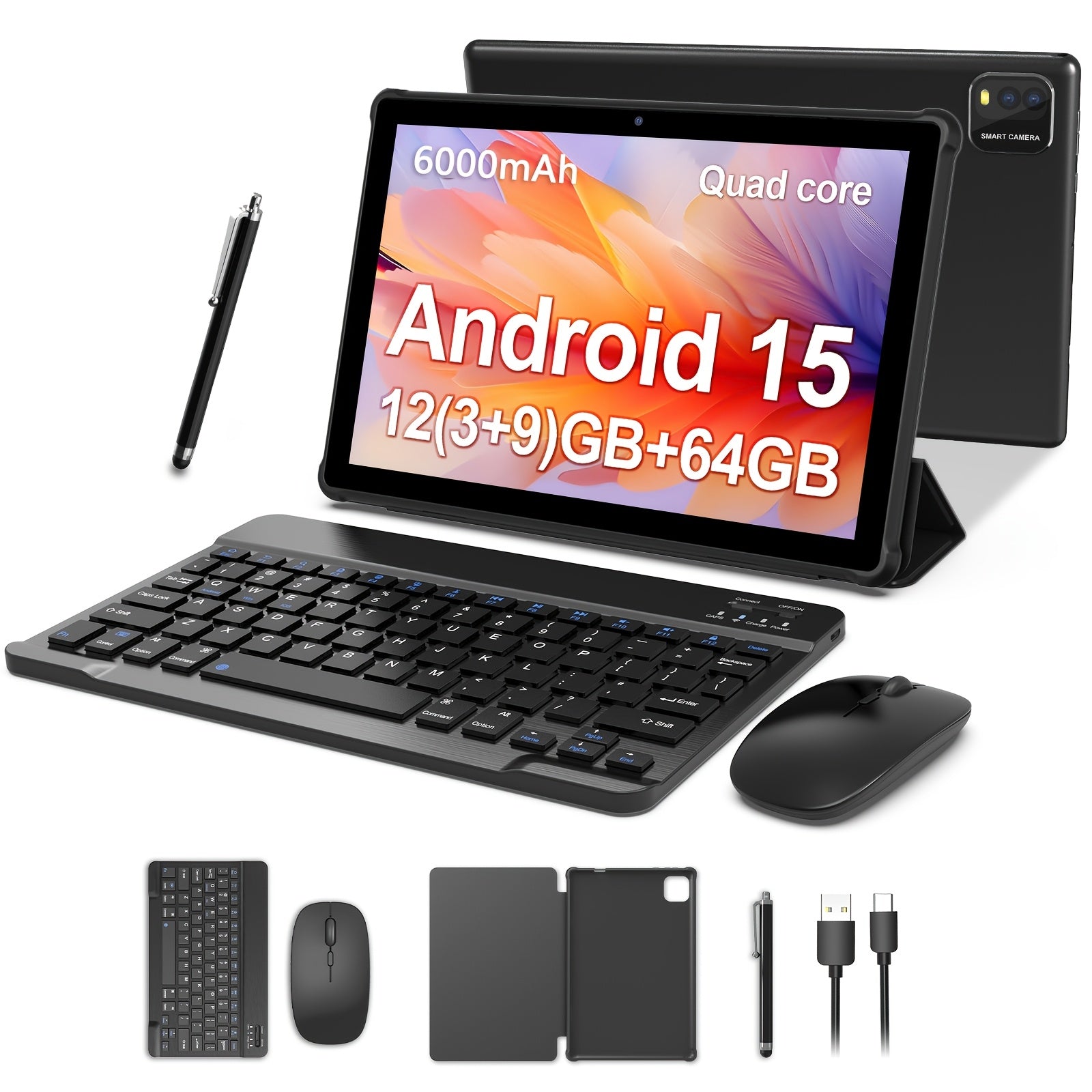 Tablet | Tablet Android 15 de 10 pulgadas, 12 (3+9) GB de RAM, 64 GB de ROM, Procesador Quad Core, Cámara de 2.0MP+8.0MP, 6000mAh, Múltiples
