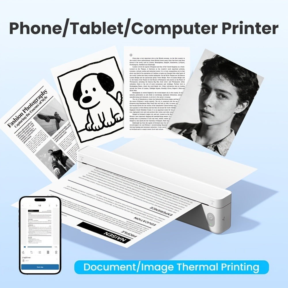Impresora portátil sin tinta A10a, impresoras portátiles inalámbricas, impresora térmica para teléfono y portátil, impresora móvil para oficina, hogar y escuela, compatible con papel térmico de 21.59 cm x 27.94 cm y A4