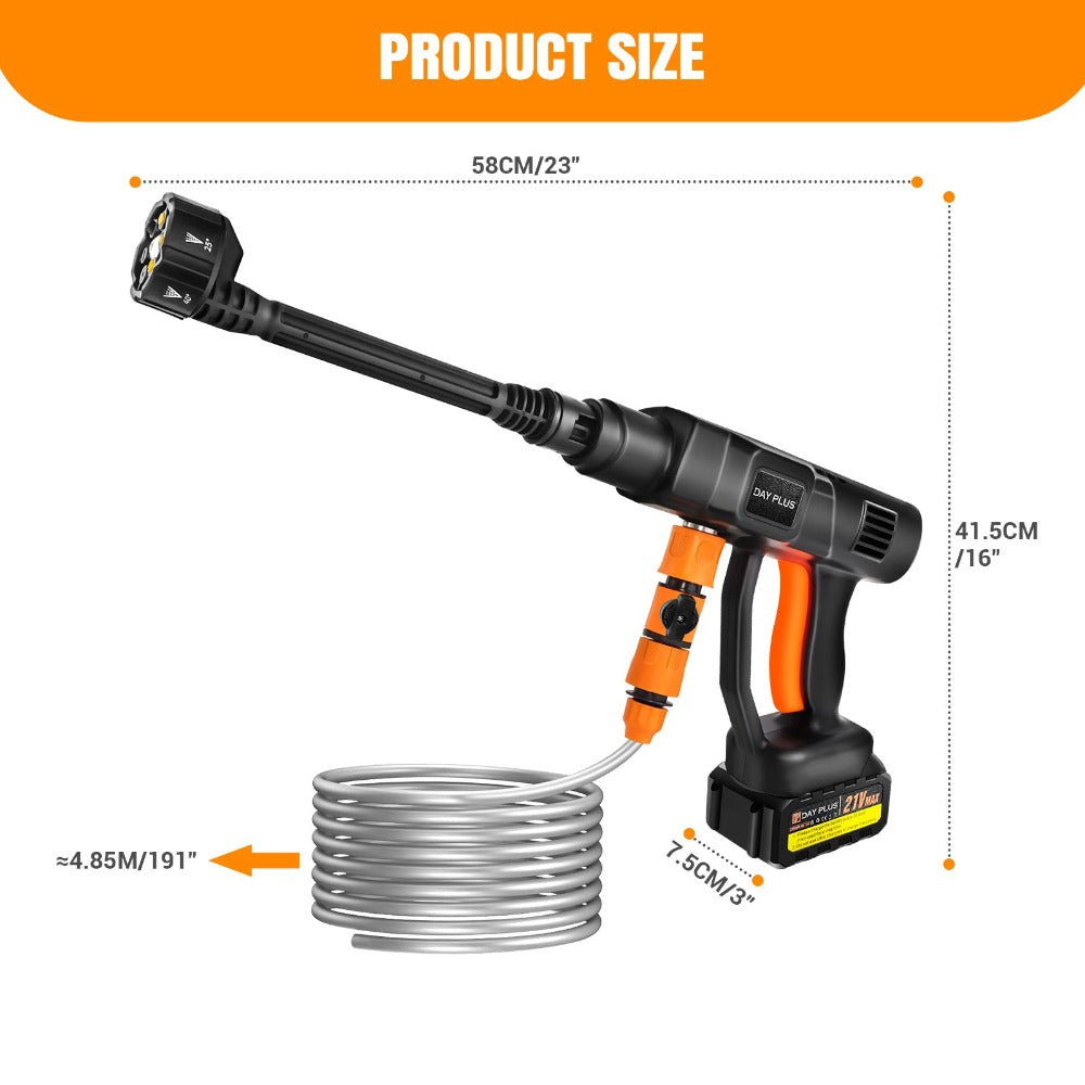 Lavadora a Presión Inalámbrica 21V 450Bar/652 PSI Portátil con 1X o 2X Batería, Boquilla Ajustable 6 en 1, Manguera de 16.4 Pies, Limpiadora de Presión para Coche/Suelo/Jardín y Riego de Patio
