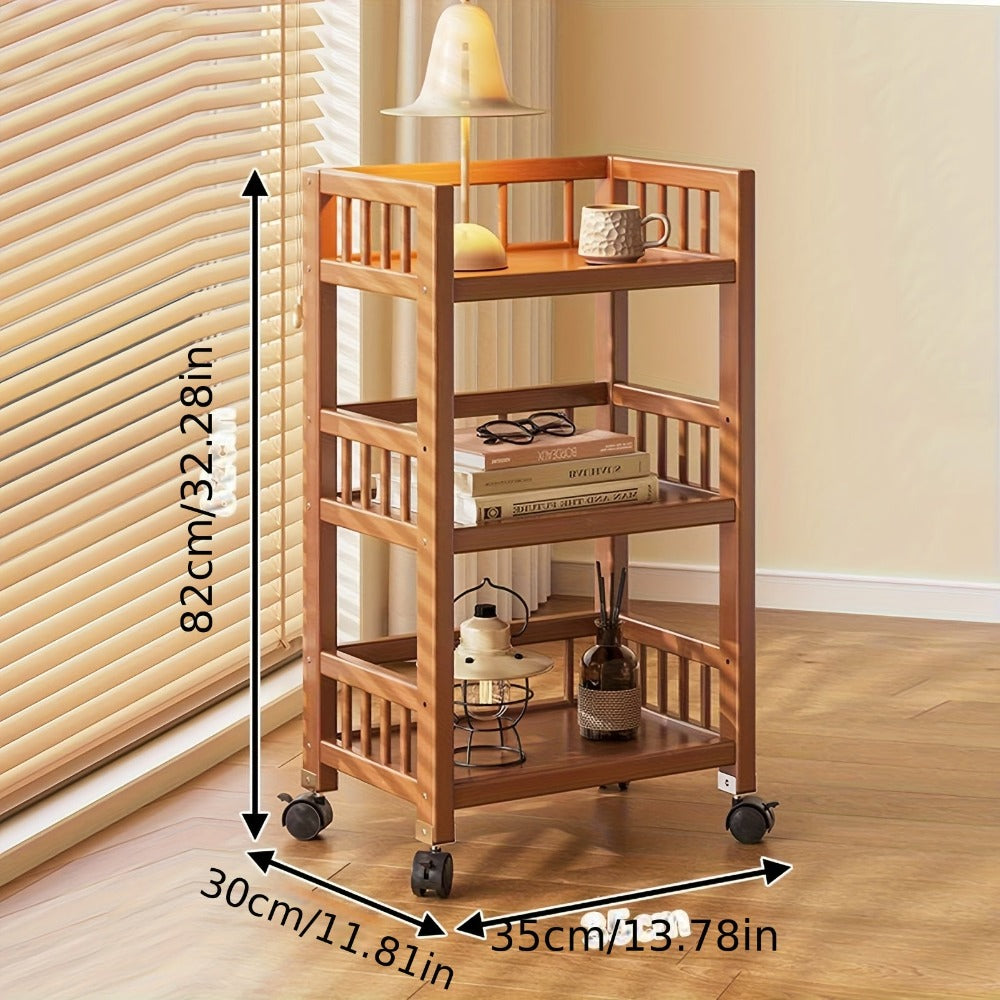 Carrito de madera de tres niveles, estante de almacenamiento con valla, carrito de cocina móvil con ruedas omnidireccionales, fácil de limpiar, adecuado para baños, dormitorios y estantes de sala de estar, estante de pie, estante de pie