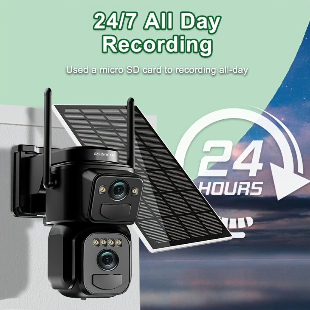 1pc [8x Zoom] WiFi CCTV, Nueva Lente Dual 2025 – PTZ + Cobertura Fija – Baby Monitor, Montaje en Techo/Mástil, 360° Smart Automático Seguimiento Humano, Listo para Granjas y Familias, Sin Zonas Ciegas – 2 Lentes al Precio de 1, Cámara de Seguridad Solar W