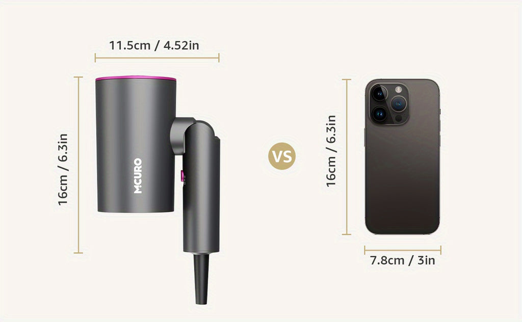 Secador de Pelo Plegable para Viajes con Tecnología de Iones Negativos y Control de Temperatura - 3 Velocidades/Configuraciones de Calor, Botón de Aire Frío, Boquilla Concentradora, Motor sin Escobillas, Estilizador de Secado Rápido, Voltaje (Compatible c