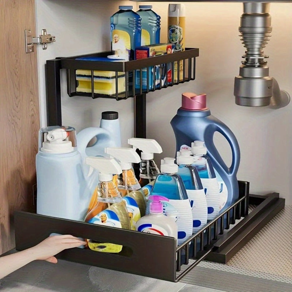 2 estantes metálicos para fregadero, estantes de almacenamiento de gabinete de 2 pisos con cajones deslizantes, gabinetes de almacenamiento extraíbles para fregadero, cocina, baño, despensa, estantes multiusos para fregadero, organizadores debajo del freg