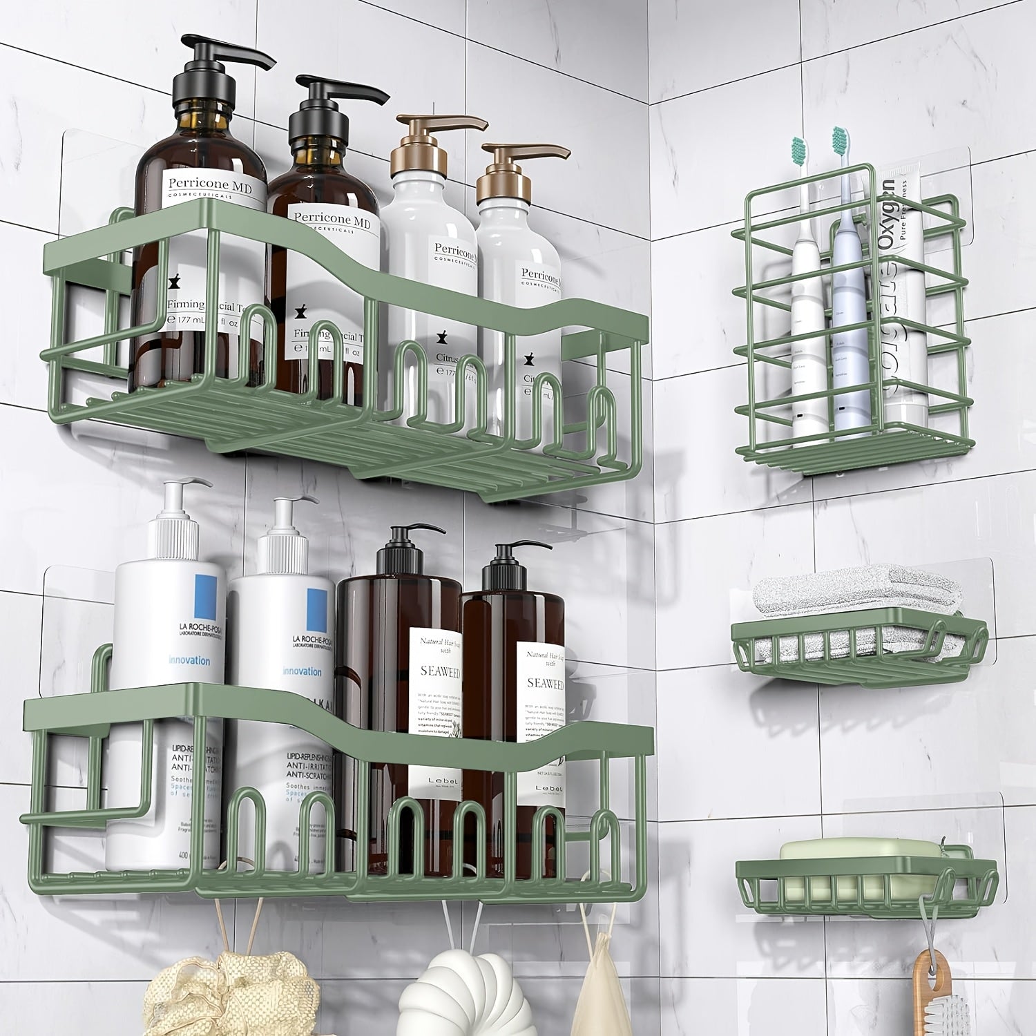Organizador de ducha adhesivo, paquete de 5 organizadores de baño de acero inoxidable inoxidable a prueba de óxido de gran capacidad, estantes sin taladrar para almacenamiento de baño y decoración del hogar, propiedades de color aleatorio a elegir, organi