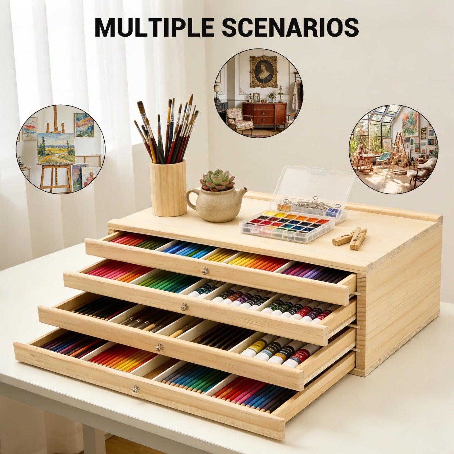 Caja de Almacenamiento para Materiales de Arte de 4/8 Capas - Estuche Grande Multifuncional con Cajones y Separadores, Adecuado para Tizas de Colores, Lápices, Bolígrafos, Marcadores, Pinceles y Sellos, También se Puede Utilizar Como Caballete o Decoració