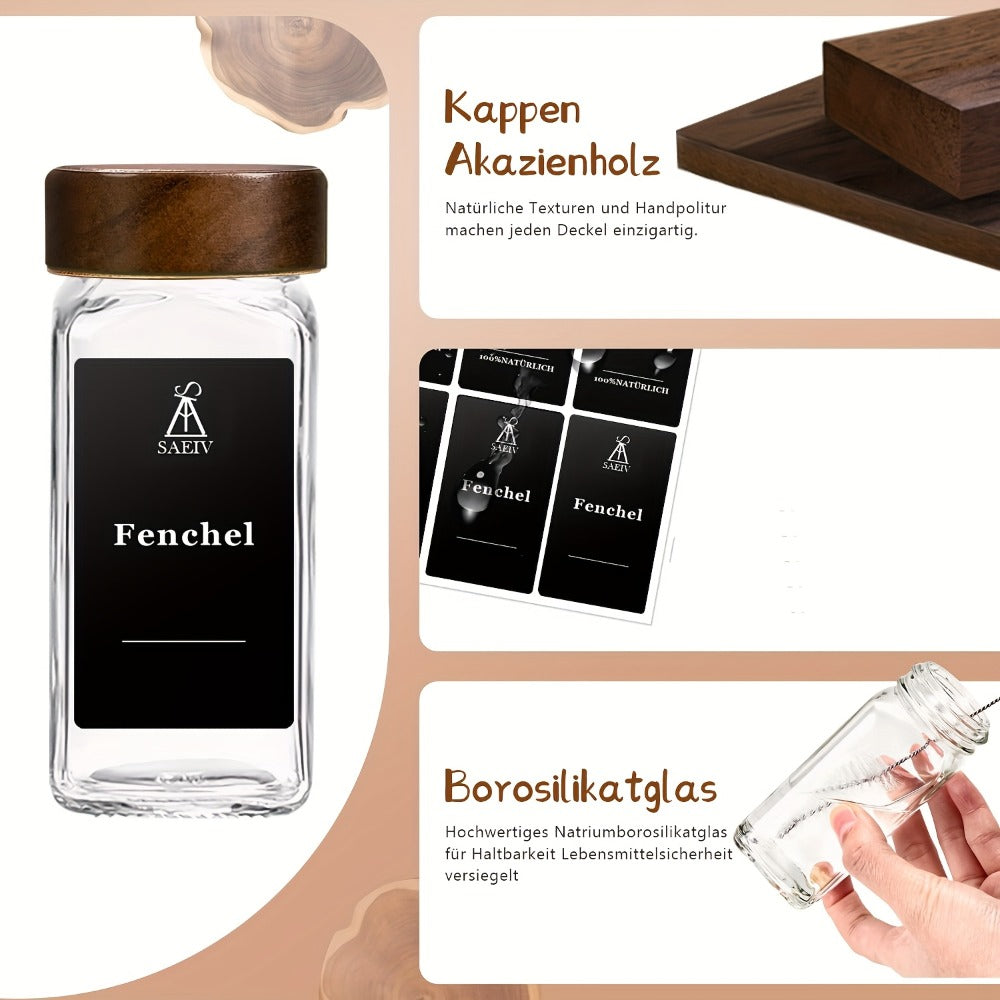Paquete de 12/24/35 Tarros Cuadrados para Especias de 120ml con Tapas de Madera de Acacia | Recipientes de Vidrio Borosilicato, Etiquetas Integradas y Dispensador Agitador | Tarros Premium para Almacenar Hierbas en la Cocina, Condimentos
