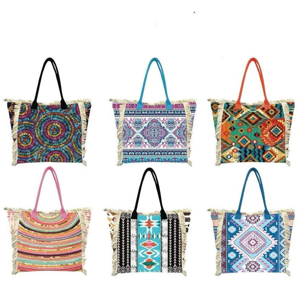MEJORADA Bolso de playa grande con estampado bohemio, ideal para verano, con flecos de algodón, forro interior y bolsillos, 55×37×19 CM, tejido 100% poliéster