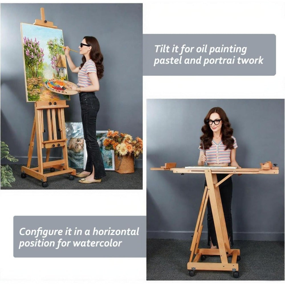 Caballete de gran tamaño de alta resistencia con estructura en H para adultos - Soporte de artista plegable con ruedas y altura ajustable con base de madera, sostiene 1 o 2 lienzos de hasta 240 cm, caballete de pintura portátil para estudio, exhibición al