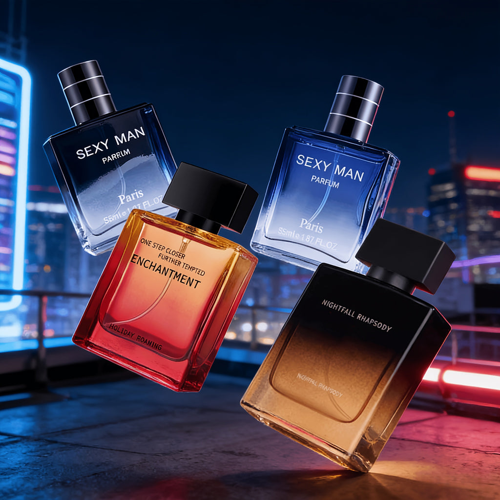 Un set de fragancias de cuatro piezas, que incluye perfume y colonia para hombre, para realzar el encanto y proporcionar un aroma duradero. Adecuado para uso personal o como regalo de vacaciones, totalizando