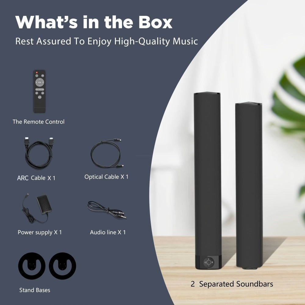 Barras de sonido de 81.28 cm para TV, barra de sonido para Smart TV, altavoz sin varillas, barra de sonido con cable e inalámbrica, barras de sonido separables 2 en 1 con conexión ARC/óptica/AUX, con control remoto por infrarrojos
