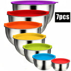 Juego de 21 tazones mezcladores/7 tazones con tapas, tazones para ensalada anidables de acero inoxidable con 3 accesorios de rallador, 7 cucharas medidoras y fondo de silicona antideslizante, tazones de cocina para cocinar, hornear y preparar alimentos, a