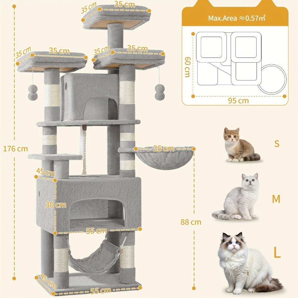 Árbol para Gatos, 176cm, Tamaño XL con 3 Plataformas, 2 Cuevas, 7 Postes Rascadores, Hamaca y Pelota de Felpa – Ideal para Familias de Gatos en Gris Claro/Gris Oscuro Beige, Torre de Escalada para Mascotas, Enriquecimiento Felino, Árbol Ahorra Espacio, Mu