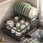 Escurridor de platos grande con bandeja de drenaje, escurridor de platos de acero al carbono para encimera de cocina, escurridor de platos extraíble, organizador y almacenamiento de cocina (negro, blanco)