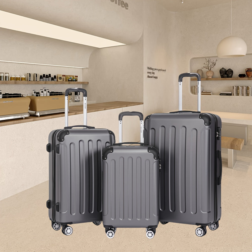 Un conjunto de tres maletas, incluyendo una maleta de mano de 20 pulgadas para viajes, con cerradura de contraseña y ruedas giratorias de 360 grados, que consta de tamaños mediano, grande y extra-grande