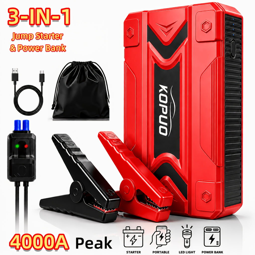 Arrancador portátil de batería de coche KOPUO 6000A - Herramienta profesional de mecánico automotriz (hasta 8.5L gasolina/7L diésel) Banco de baterías de emergencia de 12V con pinzas de seguridad inteligentes, pantalla LCD, diseño de luz LED ultrabrillant