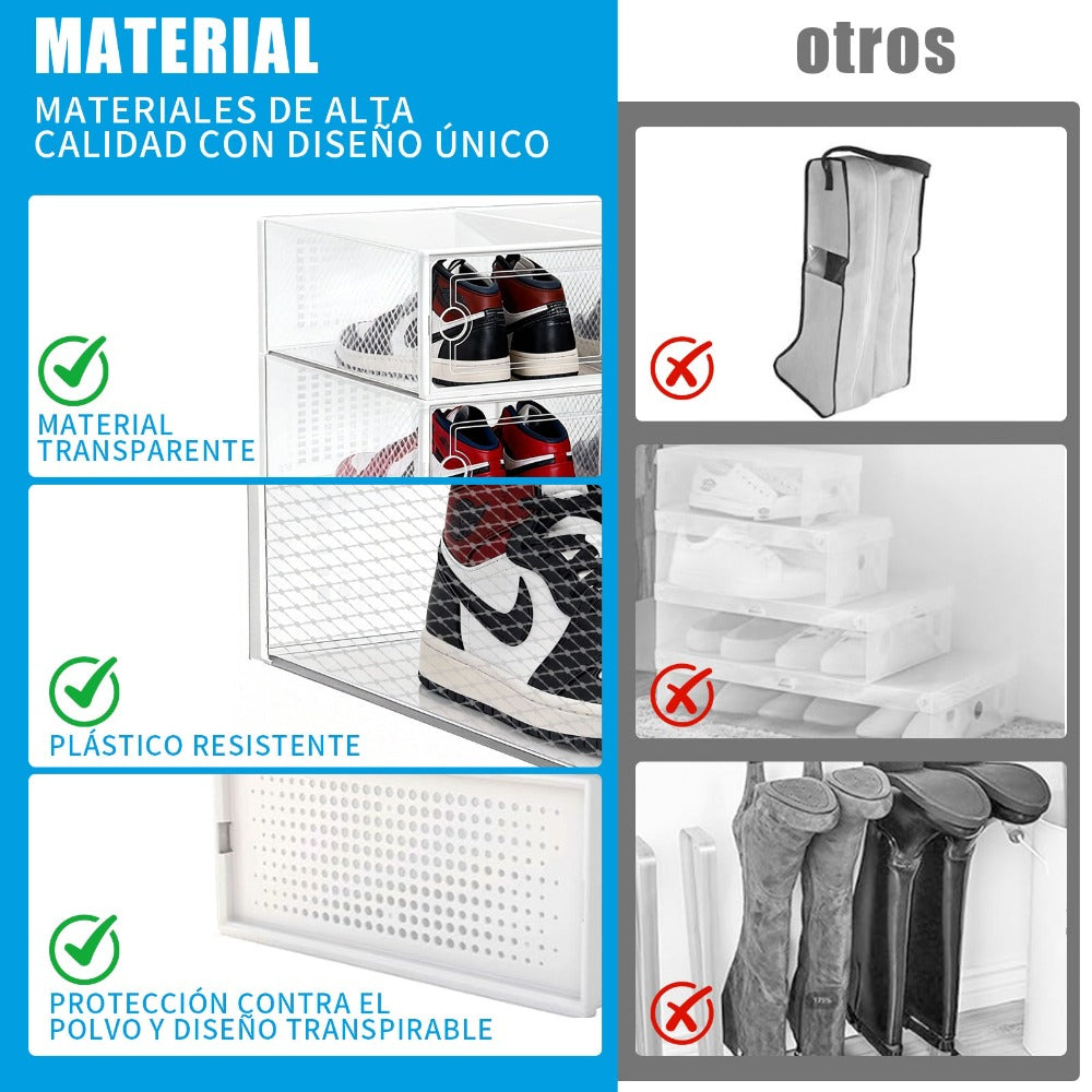 VORTEX Pack Organizador de Calzado Cajas de Zapatos Blancas y transparentes Apilables con Apertura Frontal，Sistema Antivuelco y Ventilación