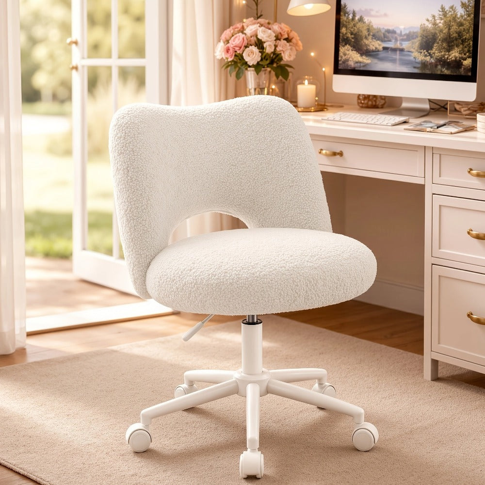 Klyvvo Silla de Escritorio con Ruedas, Silla de Maquillaje con Tejido Teddy Transpirable, Altura Ajustable, Ideal para Oficina, Hogar, Regalo Familiar, Soporta Hasta 150 Kg, Disponible en Rosa, Blanco y Gris