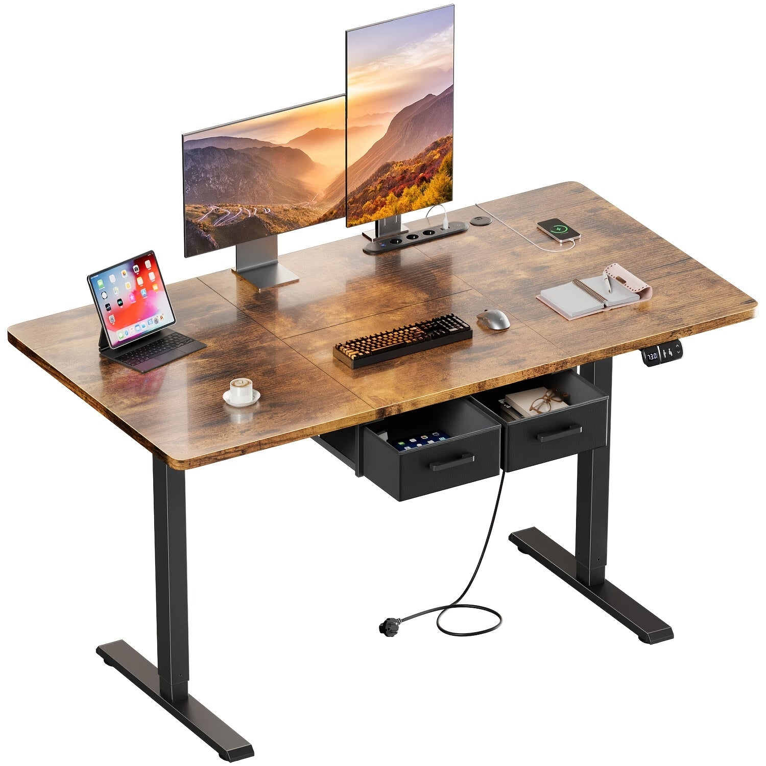 Escritorio de oficina eléctrico ajustable en altura, mesa de PC de oficina para juegos con enchufes incorporados, escritorio ajustable en altura para sentarse o estar de pie con 2 cajones de tela, escritorio grande, función de memoria, 5 tamaños