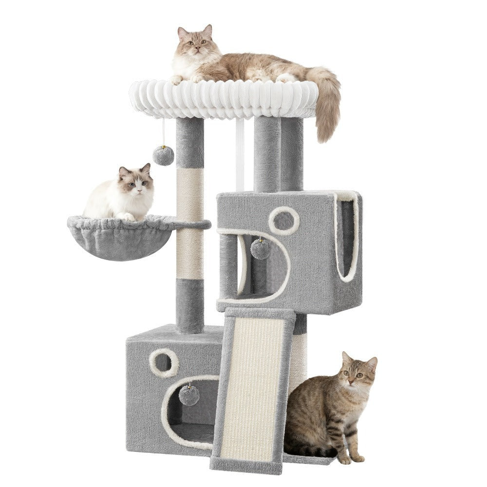 Un árbol para gatos compacto que mide 98 cm, con un diseño amplio y resistente, una gran plataforma suave, una pelota de felpa, una cueva acogedora, un rascador y una tabla rascadora