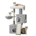 Un árbol para gatos compacto que mide 98 cm, con un diseño amplio y resistente, una gran plataforma suave, una pelota de felpa, una cueva acogedora, un rascador y una tabla rascadora