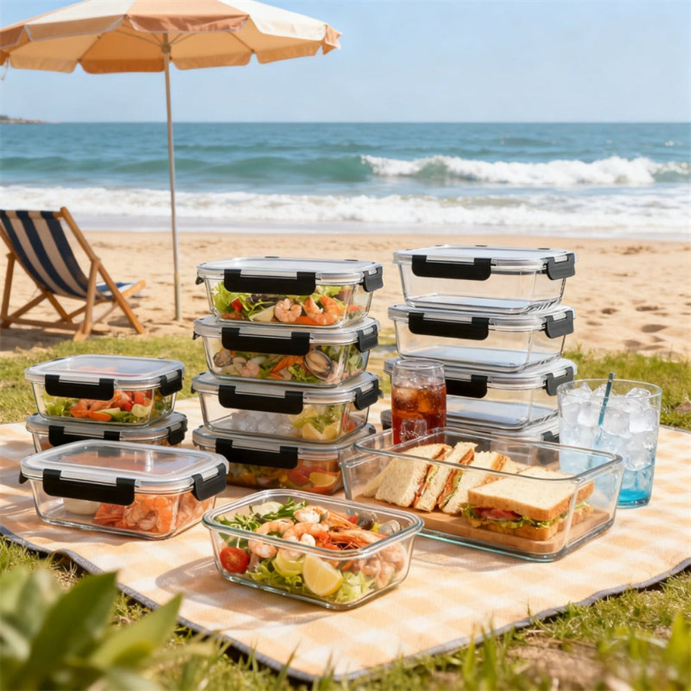10 Piezas de Recipientes de Vidrio para Almuerzo, con Tapas Herméticas de Alas - Juego de Comidas a Prueba de Fugas, Seguro para Microondas y Lavavajillas, Apto para Congelador, Control de Porciones y Planificación de Comidas, Ideal para Hogar, Oficina y