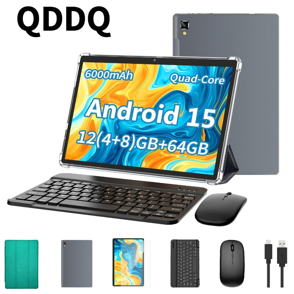 Tableta QDDQ Android 15, 12 (4GB+8GB) RAM, 64GB ROM, Pantalla LED de 10.1 pulgadas, 6000mAh, WiFi, Tablet PC, Dos versiones opcionales: [Tableta con teclado, ratón sin varillas, funda, lápiz óptico (no electrónico)] / [Solo tableta], USB-C (sin adaptador)