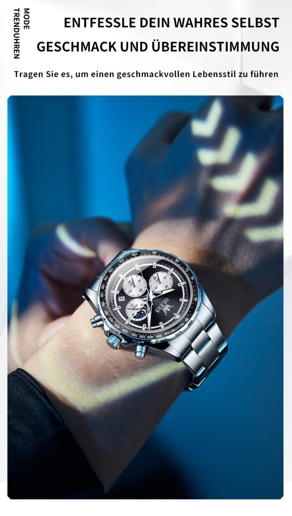 OLEVS Relojes para Hombre Fase Lunar Esfera Acero Inoxidable/Correa de Cuero Cronógrafo Lujo Negocios Vestir Analógico Cuarzo Relojes Masculinos Clásicos Casual Caballero Relojes de Pulsera Luminosos Esfera Negra/Blanca/Azul/Verde
