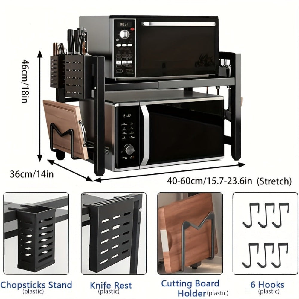 Estante de microondas expandible de metal resistente de 2/3 niveles con 6 ganchos, estante para condimentos, estante de almacenamiento, estante de almacenamiento de cocina ajustable que ahorra espacio, organizador de encimera, estante resistente sobre el