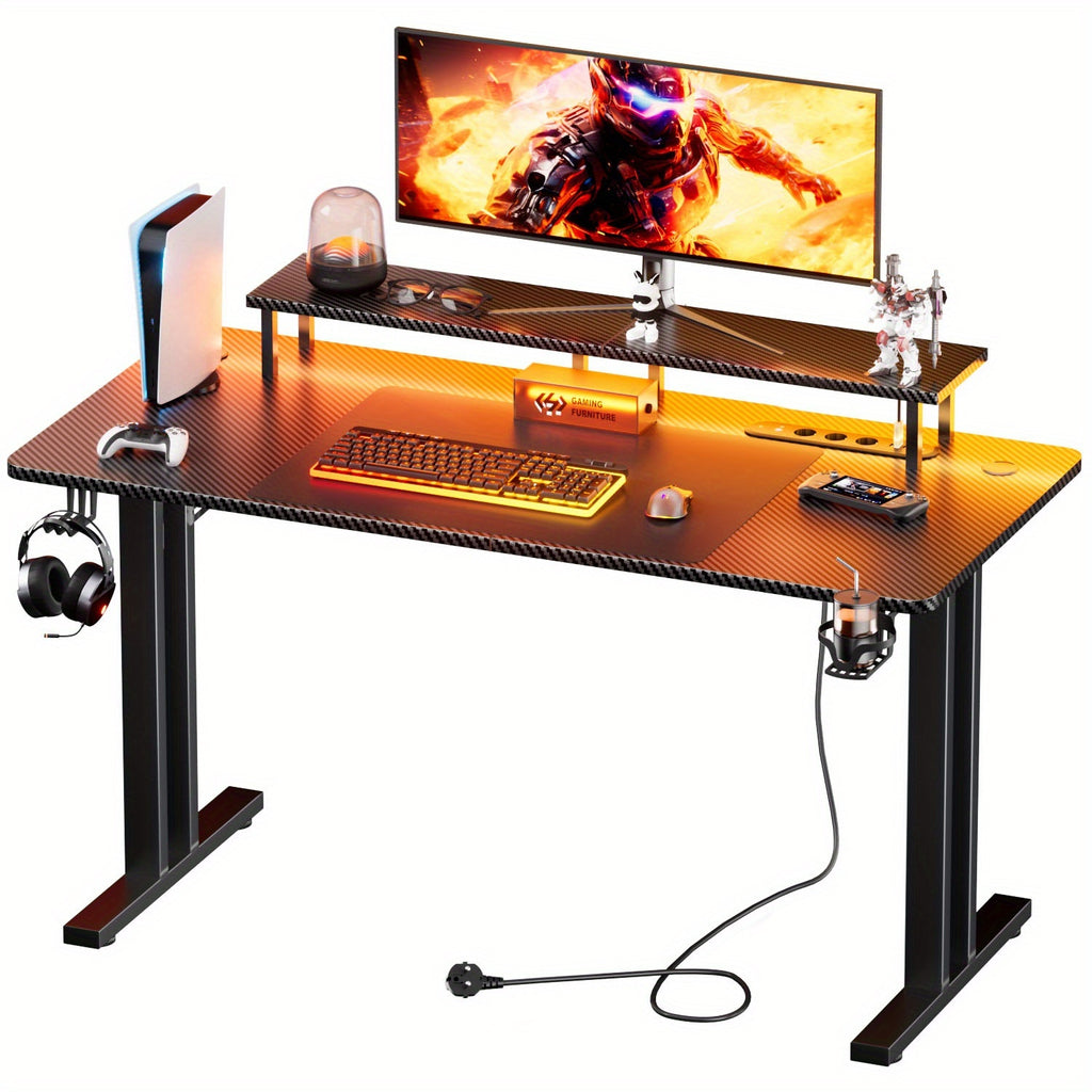 Escritorio Gaming RGB con Tomas de Corriente y Soporte para Monitor, Estación de Trabajo Ergonómica para Computadora, Mesa de Fibra de Carbono Grande para Oficina en Casa con Portavasos y Gancho para Auriculares, Regalos de Navidad,