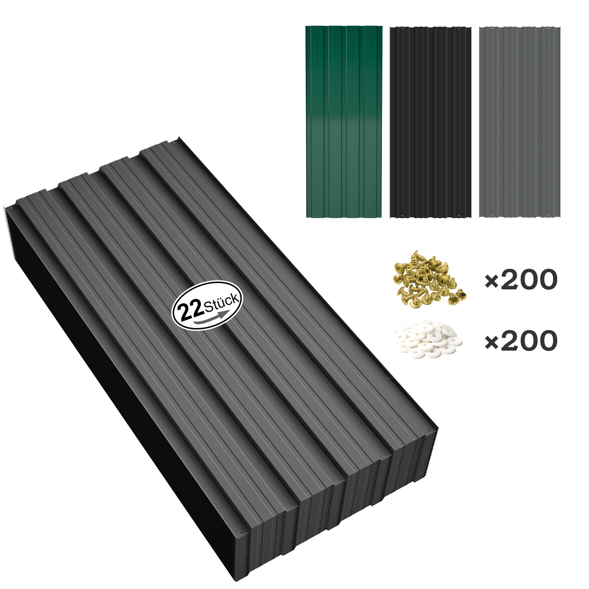 22 piezas de láminas trapezoidales de acero galvanizado de alta resistencia con tornillos y 200 clavos - Paneles de metal corrugado para techos, revestimiento de paredes, vallas, cobertizos y estructuras al aire libre (Negro/Gris, 108x42.6cm, 0.25mm) - Fá