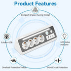 Regleta de enchufes múltiples de ángulo recto 7 en 1 con estación de carga rápida, 4 CA, 2 USB-C de 20W con indicador LED y doble interruptor, ideal para cargar teléfonos, tablets en el hogar, la oficina, configuración de oficina en casa, organización del