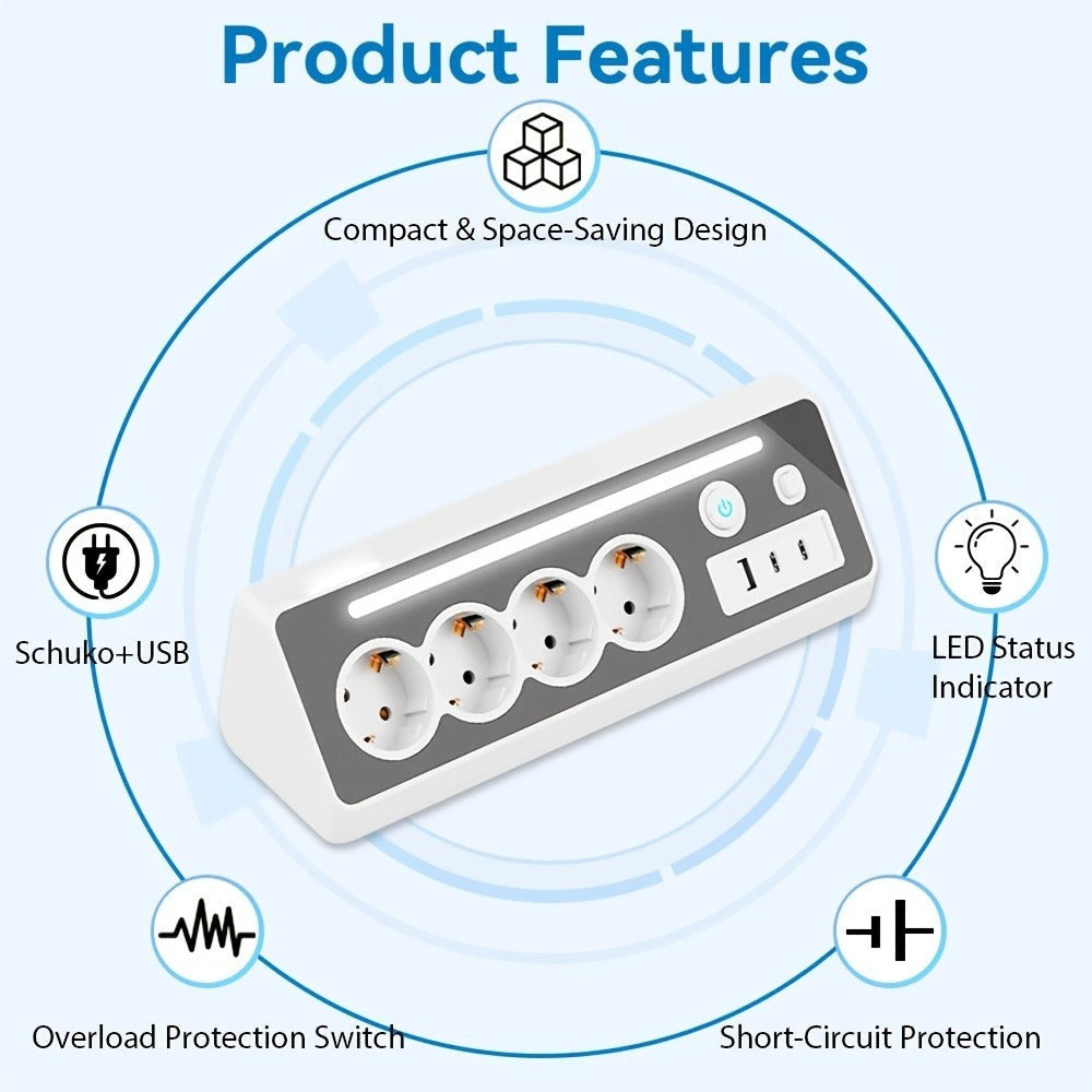 Regleta de enchufes múltiples de ángulo recto 7 en 1 con estación de carga rápida, 4 CA, 2 USB-C de 20W con indicador LED y doble interruptor, ideal para cargar teléfonos, tablets en el hogar, la oficina, configuración de oficina en casa, organización del
