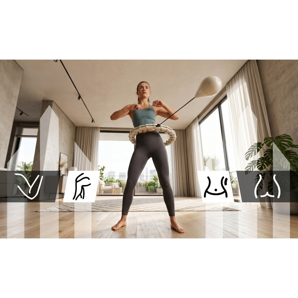 Aro de fitness inteligente adelgazante con masajeador con peso en color beige. Dispositivo de ejercicio abdominal y de cintura ajustable con carga de gravedad. Cinturón de entrenamiento modular Smart PRO+ con contador de RPM. 24 segmentos que permiten un