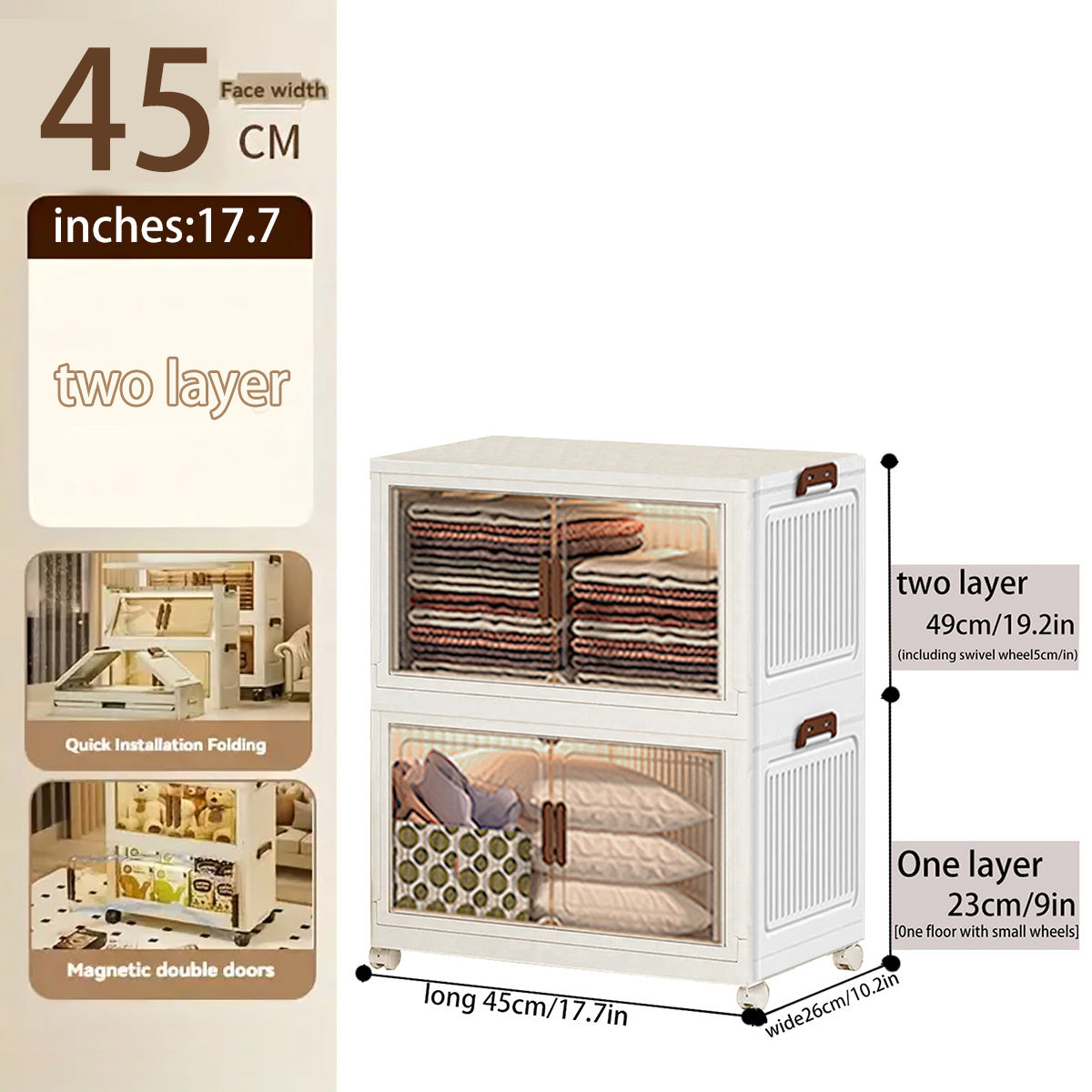 Locker infantil extragrande de 45 cm con puertas con ruedas - Taquilla plegable para dormitorio y guardería para guardar desorden, documentos, juguetes, bocadillos y cajones de plástico para almacenamiento, locker infantil multicapa